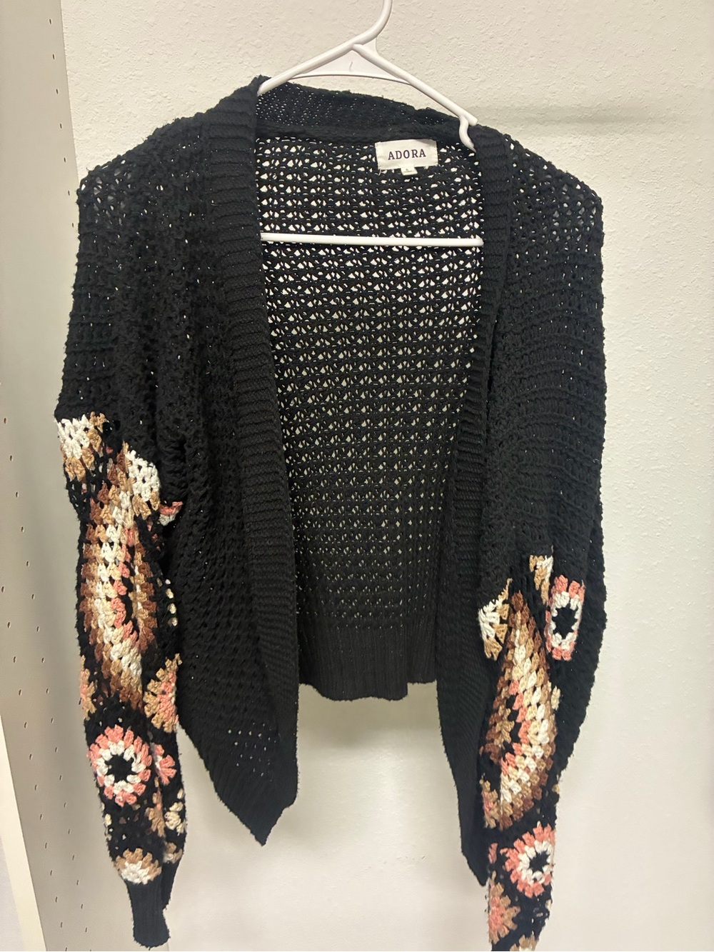 ADORA Black Open-Weave Cardigan with Multicolor Floral Sleeves